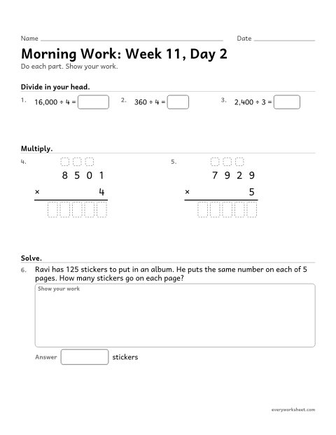 Preview of the printable “Morning Work: week 11, day 2” worksheet: mixed 4th grade math review
