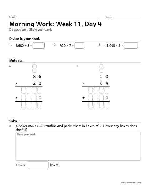 Preview of the printable “Morning Work: week 11, day 4” worksheet: mixed 4th grade math review