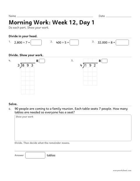 Preview of the printable “Morning Work: week 12, day 1” worksheet: mixed 4th grade math review