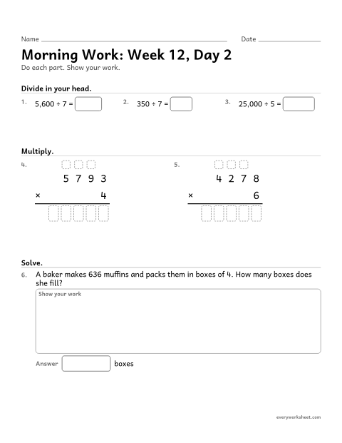 Preview of the printable “Morning Work: week 12, day 2” worksheet: mixed 4th grade math review