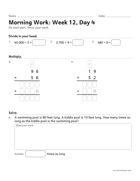 Preview of the printable “Morning Work: week 12, day 4” worksheet: mixed 4th grade math review