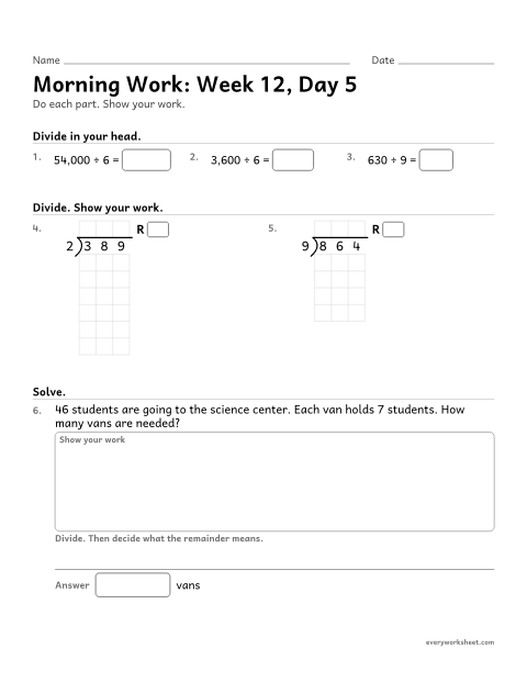 Preview of the printable “Morning Work: week 12, day 5” worksheet: mixed 4th grade math review