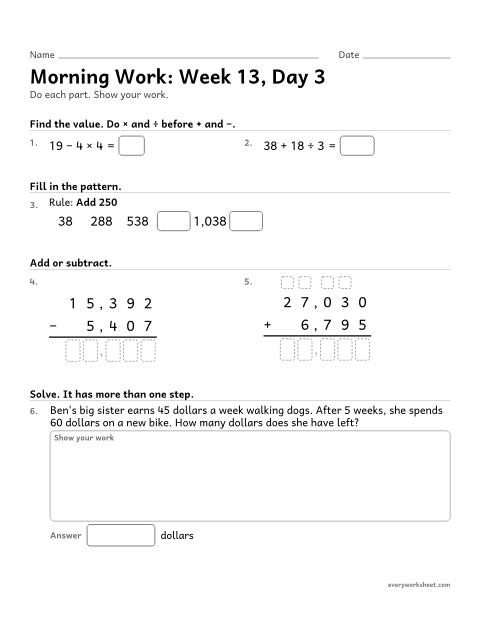 Preview of the printable “Morning Work: week 13, day 3” worksheet: mixed 4th grade math review