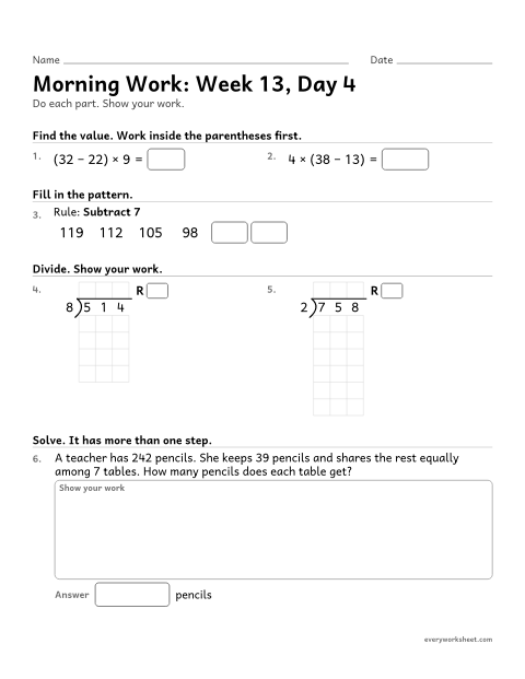 Preview of the printable “Morning Work: week 13, day 4” worksheet: mixed 4th grade math review