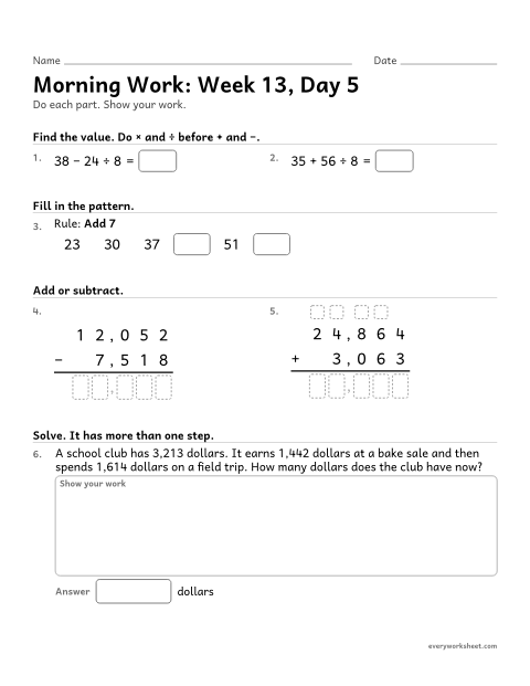 Preview of the printable “Morning Work: week 13, day 5” worksheet: mixed 4th grade math review