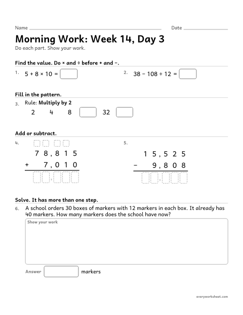 Preview of the printable “Morning Work: week 14, day 3” worksheet: mixed 4th grade math review