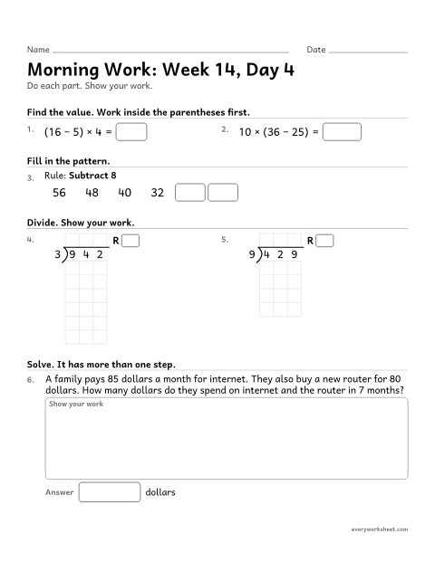 Preview of the printable “Morning Work: week 14, day 4” worksheet: mixed 4th grade math review