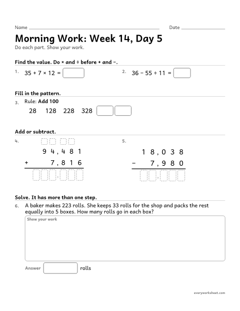 Preview of the printable “Morning Work: week 14, day 5” worksheet: mixed 4th grade math review