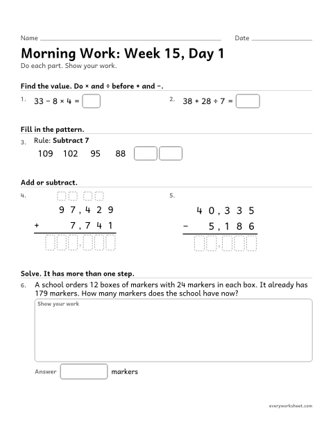 Preview of the printable “Morning Work: week 15, day 1” worksheet: mixed 4th grade math review