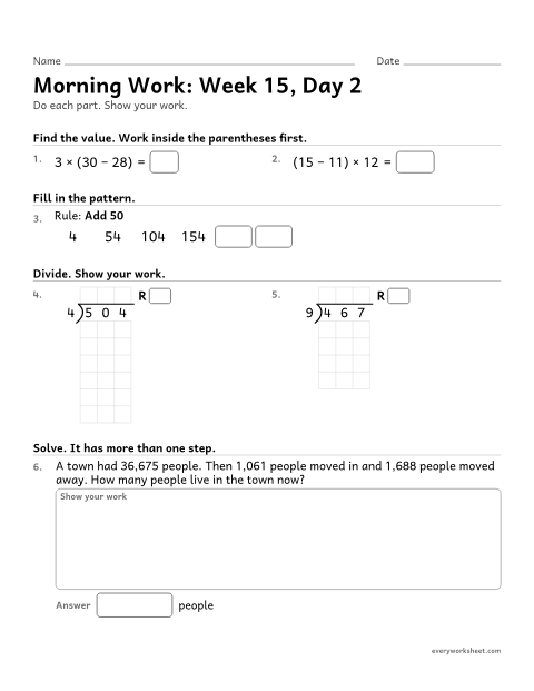 Preview of the printable “Morning Work: week 15, day 2” worksheet: mixed 4th grade math review
