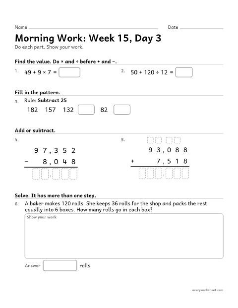 Preview of the printable “Morning Work: week 15, day 3” worksheet: mixed 4th grade math review