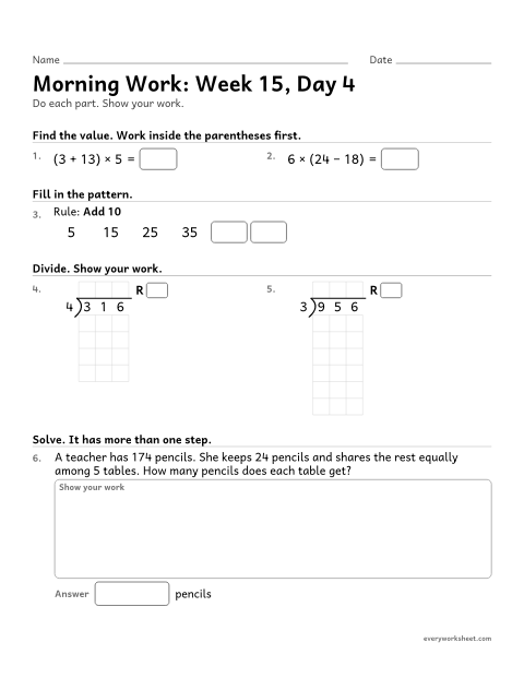 Preview of the printable “Morning Work: week 15, day 4” worksheet: mixed 4th grade math review