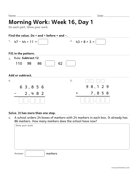 Preview of the printable “Morning Work: week 16, day 1” worksheet: mixed 4th grade math review