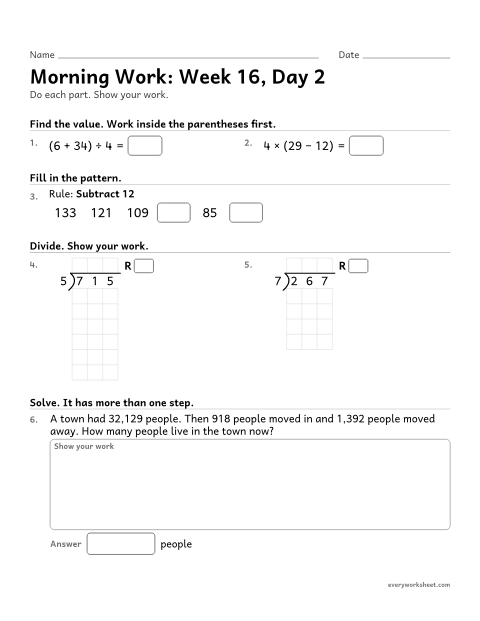 Preview of the printable “Morning Work: week 16, day 2” worksheet: mixed 4th grade math review
