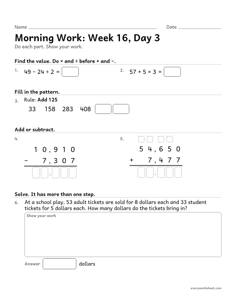 Preview of the printable “Morning Work: week 16, day 3” worksheet: mixed 4th grade math review