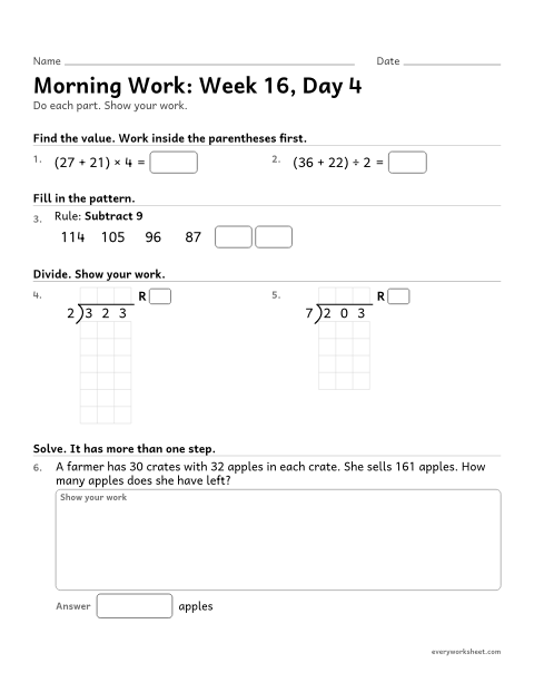 Preview of the printable “Morning Work: week 16, day 4” worksheet: mixed 4th grade math review