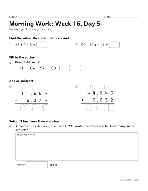 Preview of the printable “Morning Work: week 16, day 5” worksheet: mixed 4th grade math review
