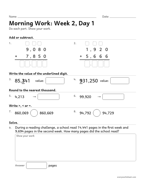 Preview of the printable “Morning Work: week 2, day 1” worksheet: mixed 4th grade math review