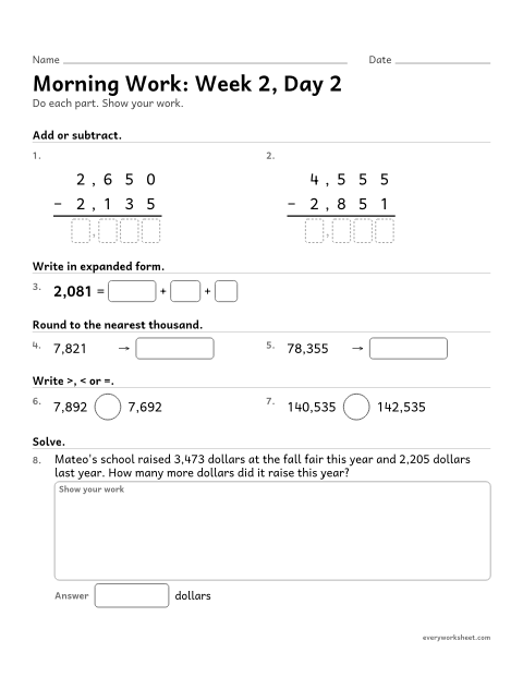 Preview of the printable “Morning Work: week 2, day 2” worksheet: mixed 4th grade math review
