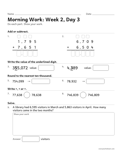 Preview of the printable “Morning Work: week 2, day 3” worksheet: mixed 4th grade math review