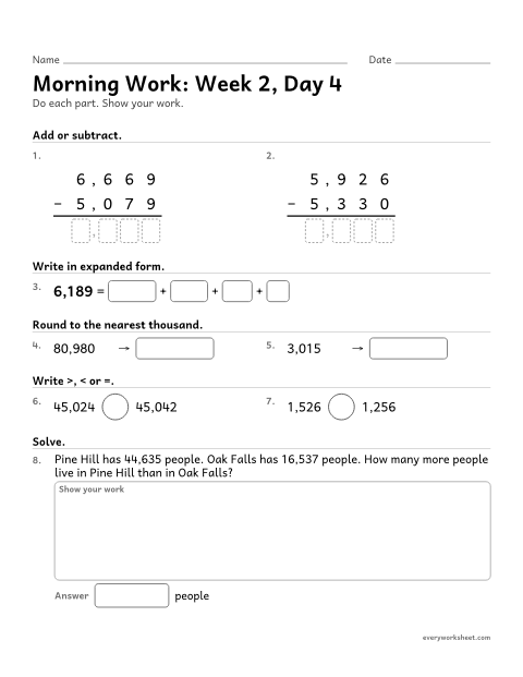 Preview of the printable “Morning Work: week 2, day 4” worksheet: mixed 4th grade math review