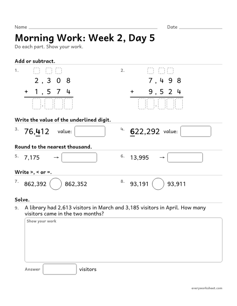 Preview of the printable “Morning Work: week 2, day 5” worksheet: mixed 4th grade math review