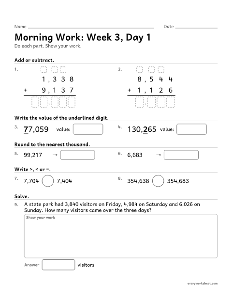 Preview of the printable “Morning Work: week 3, day 1” worksheet: mixed 4th grade math review