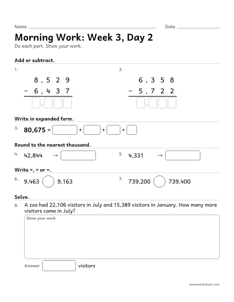 Preview of the printable “Morning Work: week 3, day 2” worksheet: mixed 4th grade math review