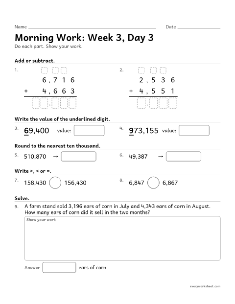 Preview of the printable “Morning Work: week 3, day 3” worksheet: mixed 4th grade math review