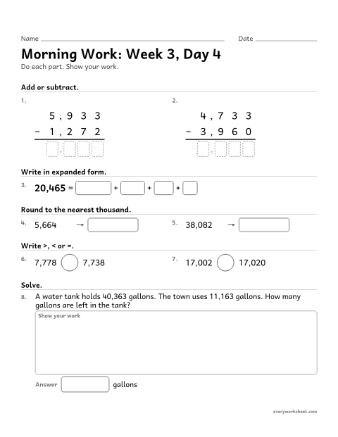 Preview of the printable “Morning Work: week 3, day 4” worksheet: mixed 4th grade math review