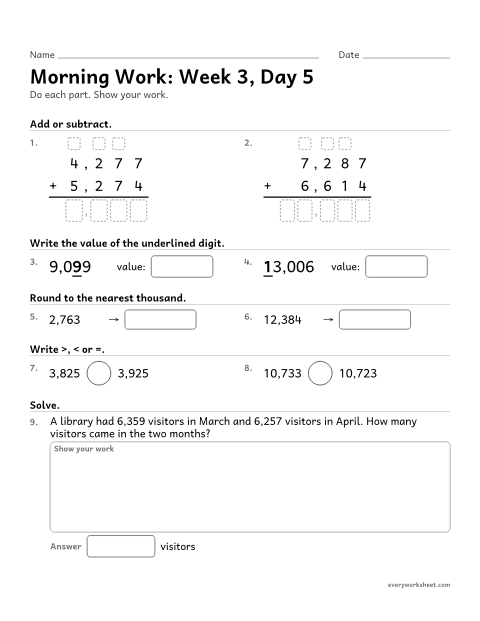 Preview of the printable “Morning Work: week 3, day 5” worksheet: mixed 4th grade math review