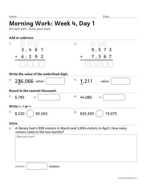 Preview of the printable “Morning Work: week 4, day 1” worksheet: mixed 4th grade math review