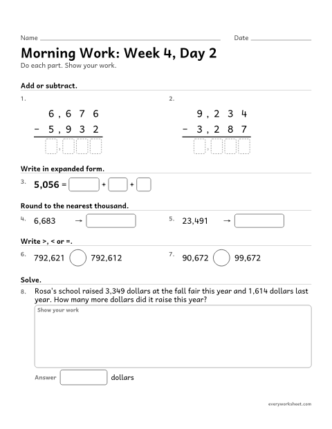Preview of the printable “Morning Work: week 4, day 2” worksheet: mixed 4th grade math review
