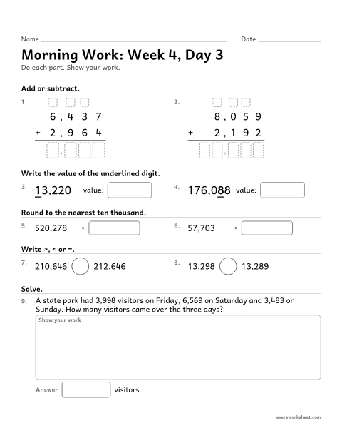 Preview of the printable “Morning Work: week 4, day 3” worksheet: mixed 4th grade math review