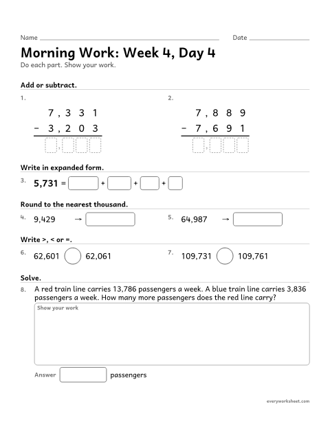 Preview of the printable “Morning Work: week 4, day 4” worksheet: mixed 4th grade math review