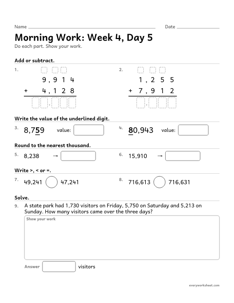 Preview of the printable “Morning Work: week 4, day 5” worksheet: mixed 4th grade math review