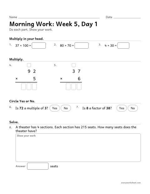 Preview of the printable “Morning Work: week 5, day 1” worksheet: mixed 4th grade math review