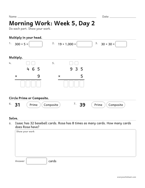 Preview of the printable “Morning Work: week 5, day 2” worksheet: mixed 4th grade math review