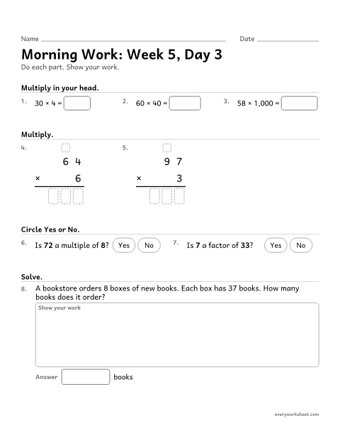Preview of the printable “Morning Work: week 5, day 3” worksheet: mixed 4th grade math review