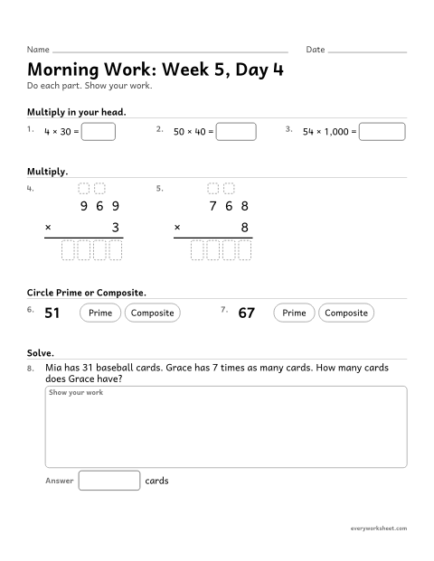Preview of the printable “Morning Work: week 5, day 4” worksheet: mixed 4th grade math review