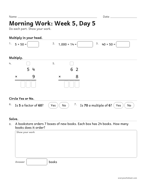 Preview of the printable “Morning Work: week 5, day 5” worksheet: mixed 4th grade math review