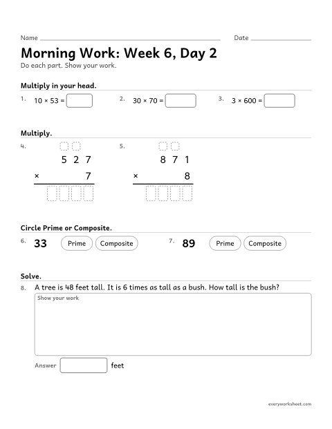 Preview of the printable “Morning Work: week 6, day 2” worksheet: mixed 4th grade math review