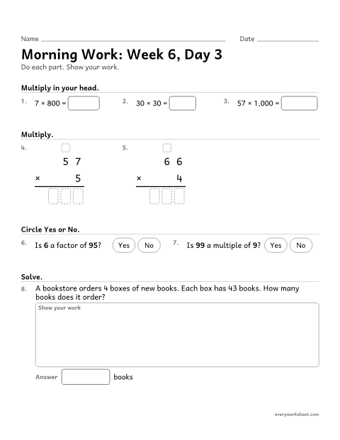 Preview of the printable “Morning Work: week 6, day 3” worksheet: mixed 4th grade math review