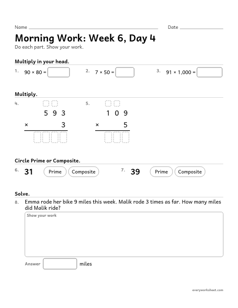 Preview of the printable “Morning Work: week 6, day 4” worksheet: mixed 4th grade math review