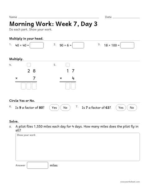 Preview of the printable “Morning Work: week 7, day 3” worksheet: mixed 4th grade math review