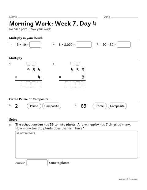 Preview of the printable “Morning Work: week 7, day 4” worksheet: mixed 4th grade math review
