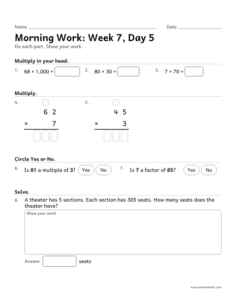 Preview of the printable “Morning Work: week 7, day 5” worksheet: mixed 4th grade math review
