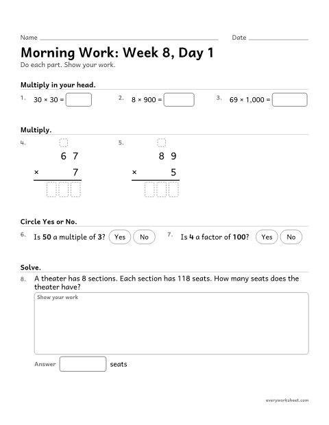 Preview of the printable “Morning Work: week 8, day 1” worksheet: mixed 4th grade math review