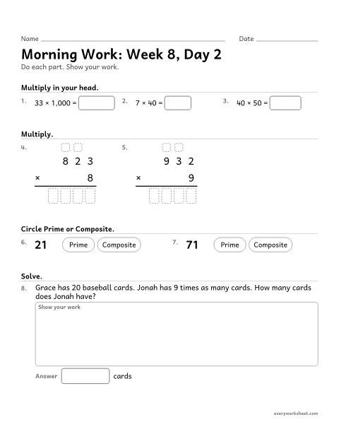 Preview of the printable “Morning Work: week 8, day 2” worksheet: mixed 4th grade math review