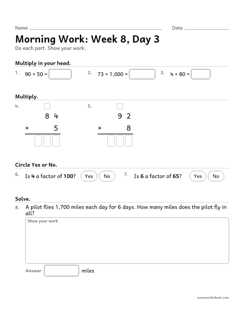 Preview of the printable “Morning Work: week 8, day 3” worksheet: mixed 4th grade math review